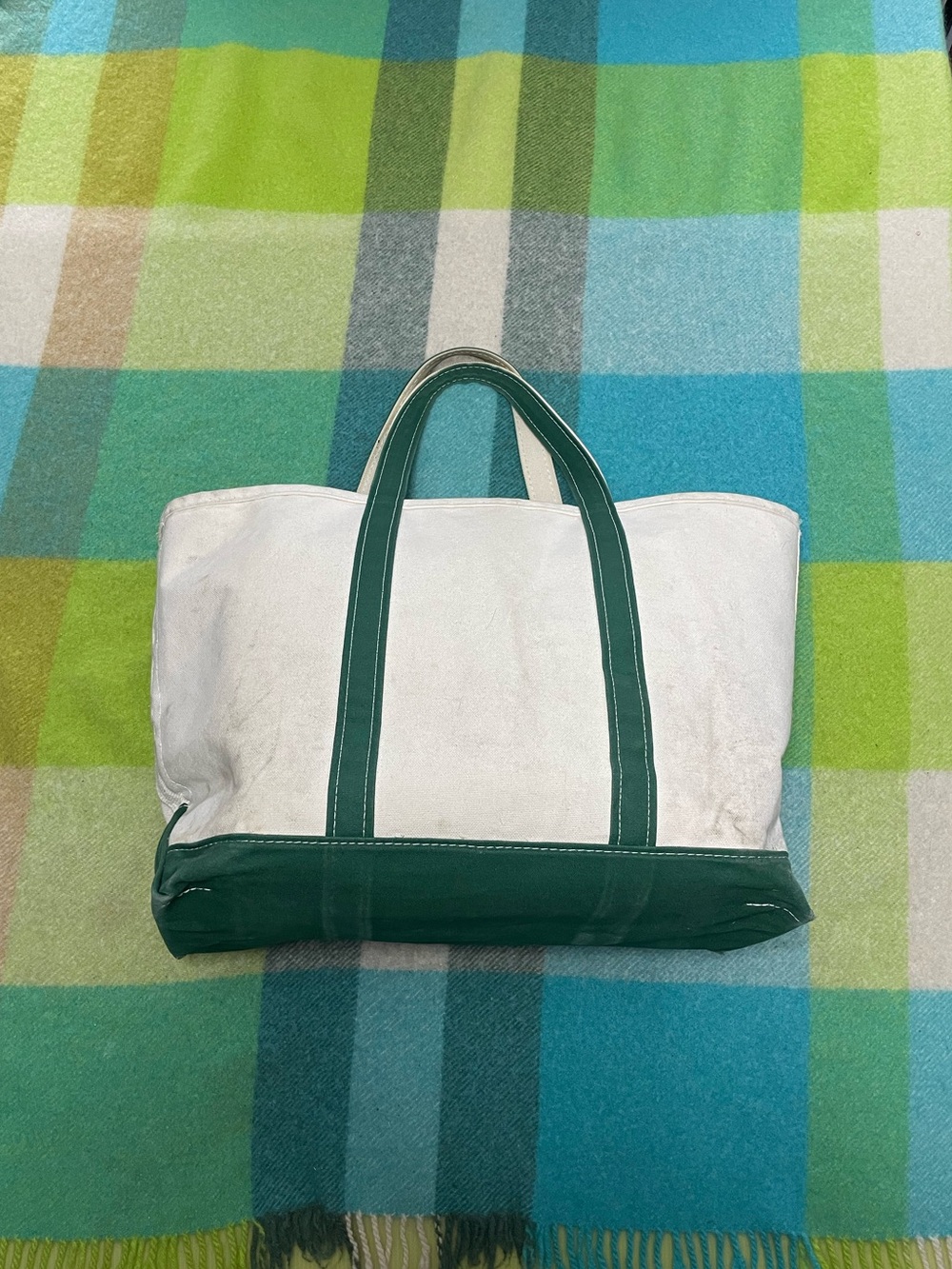 Vintage LL Bean Boat & Tote Canvas Bag White Cream Green Size Large Made in USA